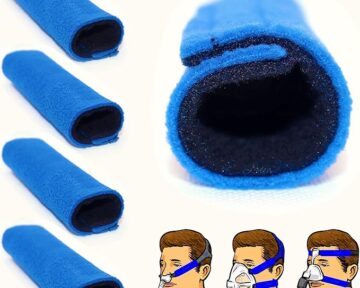 The Kego 4-Pack CPAP Strap Covers are shown in blue with illustrations demonstrating their use on various CPAP masks worn by a person—ideal accessories for increased comfort.
