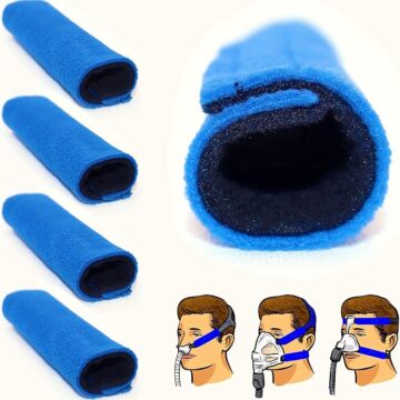The Kego 4-Pack CPAP Strap Covers are shown in blue with illustrations demonstrating their use on various CPAP masks worn by a person—ideal accessories for increased comfort.