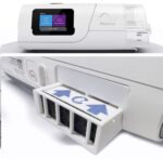 A ResMed CPAP machine with a close-up of its air filter compartment and filter.