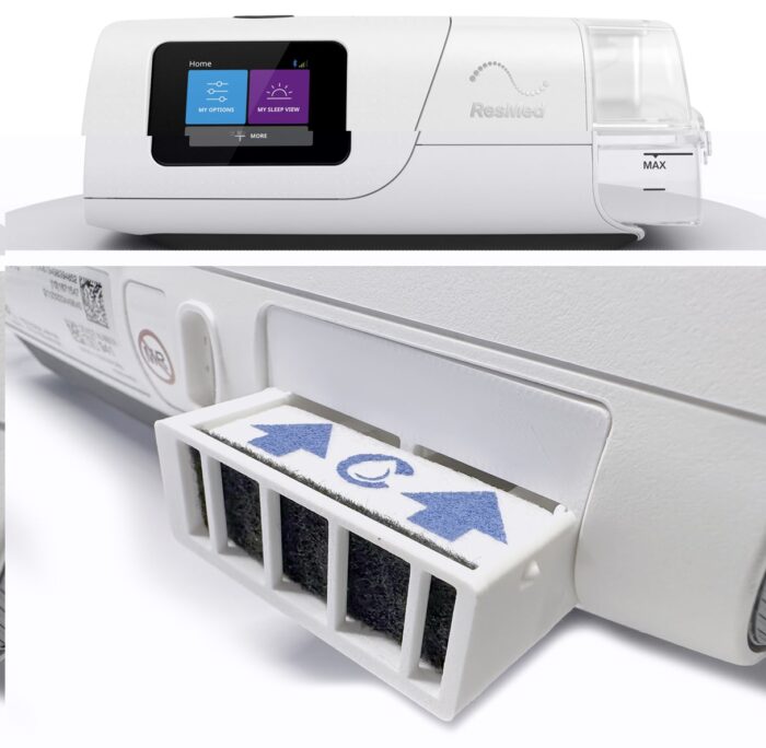 A ResMed CPAP machine with a close-up of its air filter compartment and filter.