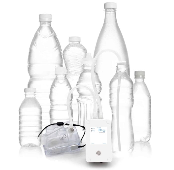 Several clear plastic water bottles are placed behind the Cspring Mini Portable CPAP Water Replenishment System, which features attached tubes and a water chamber for convenient refilling.