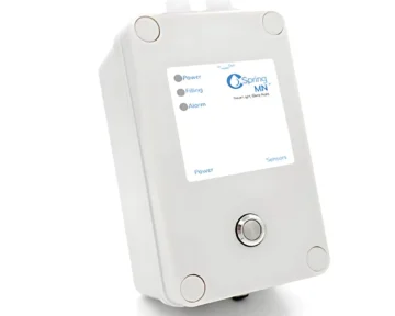 The Cspring Mini Portable CPAP Water Replenishment System is a compact white device with indicator lights and a button, perfect for conveniently adding water to your CPAP setup.