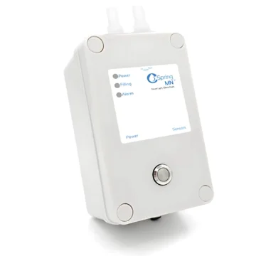 The Cspring Mini Portable CPAP Water Replenishment System is a compact white device with indicator lights and a button, perfect for conveniently adding water to your CPAP setup.