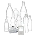 A group of plastic water bottles is placed behind the Cspring Mini Portable CPAP Water Replenishment System, featuring easy water replenishment with attached tubes and a clear mask.