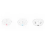 Three pairs of white ovals with red, blue, and black buttons resembling cartoonish eyes on a white background evoke the playful design of the ResMed AirFit X30i Full Face CPAP Mask Nasal Pillows Cushion.