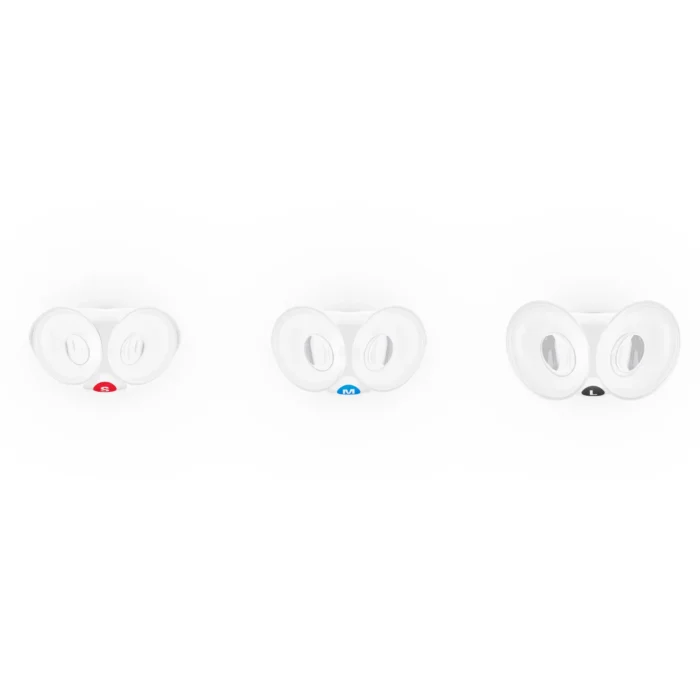 Three pairs of white ovals with red, blue, and black buttons resembling cartoonish eyes on a white background evoke the playful design of the ResMed AirFit X30i Full Face CPAP Mask Nasal Pillows Cushion.
