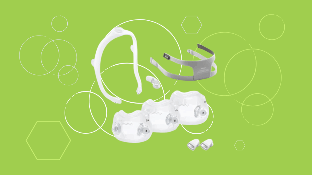 CPAP nasal mask parts and cushions, including Dreamwear Full Face CPAP Mask accessories, are displayed on a green background with white geometric shapes.