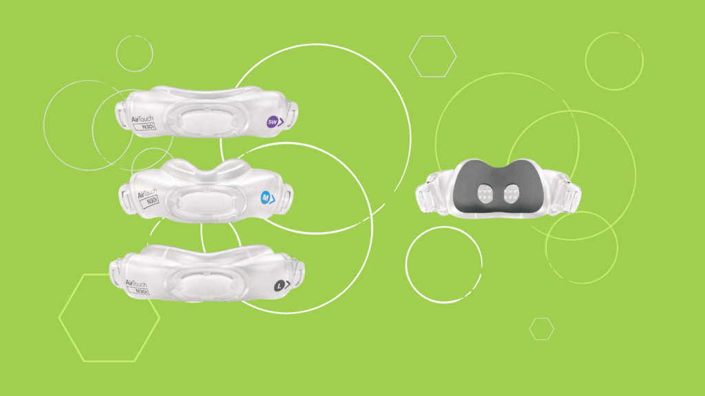 Four nasal CPAP masks, including the ResMed AirTouch N30i, are displayed on a green background with white geometric shapes—perfect for a nasal CPAP mask or ResMed AirTouch N30i CPAP mask review.