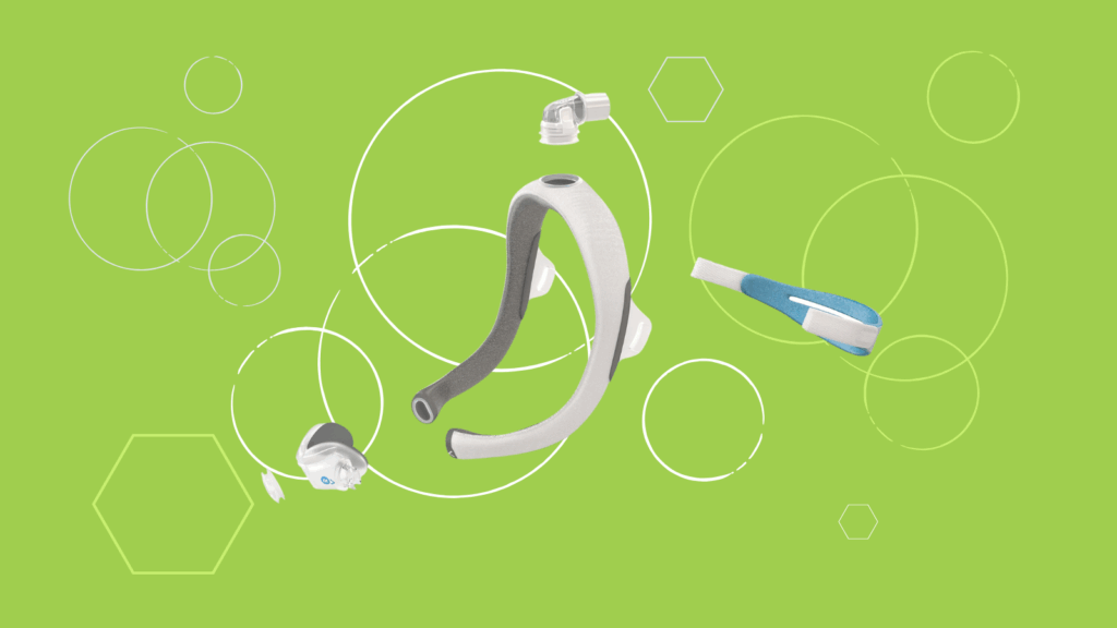 Medical device parts, including the ResMed AirTouch N30i Nasal CPAP Mask and connectors, are displayed on a green background with white geometric shapes.