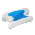 The Kego Contour CoolPAP Travel Pillow features a white orthopedic design with a blue, textured gel insert in the center, providing comfort and support for restful sleep on the go.