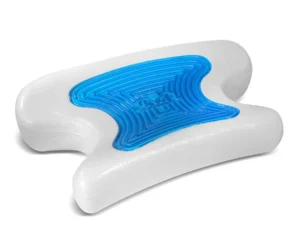 The Kego Contour CoolPAP Travel Pillow features a white orthopedic design with a blue, textured gel insert in the center, providing comfort and support for restful sleep on the go.
