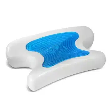 The Kego Contour CoolPAP Travel Pillow features a white orthopedic design with a blue, textured gel insert in the center, providing comfort and support for restful sleep on the go.