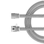 The ResMed ClimateLineAir 11 Oxy Heated Tubing is a gray and white flexible hose with connectors on both ends, arranged in a circular shape, compatible with ClimateLineAir 11 for heated tubing comfort.