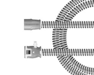 The ResMed ClimateLineAir 11 Oxy Heated Tubing, shown gray and coiled with connectors at both ends, is displayed on a white background.