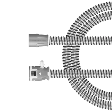 The ResMed ClimateLineAir 11 Oxy Heated Tubing, shown gray and coiled with connectors at both ends, is displayed on a white background.