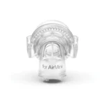 ResMed F20 Connector for AirMini shown from the front, made of clear plastic and labeled "for AirMini" on a white background.