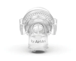 ResMed F20 Connector for AirMini shown from the front, made of clear plastic and labeled "for AirMini" on a white background.