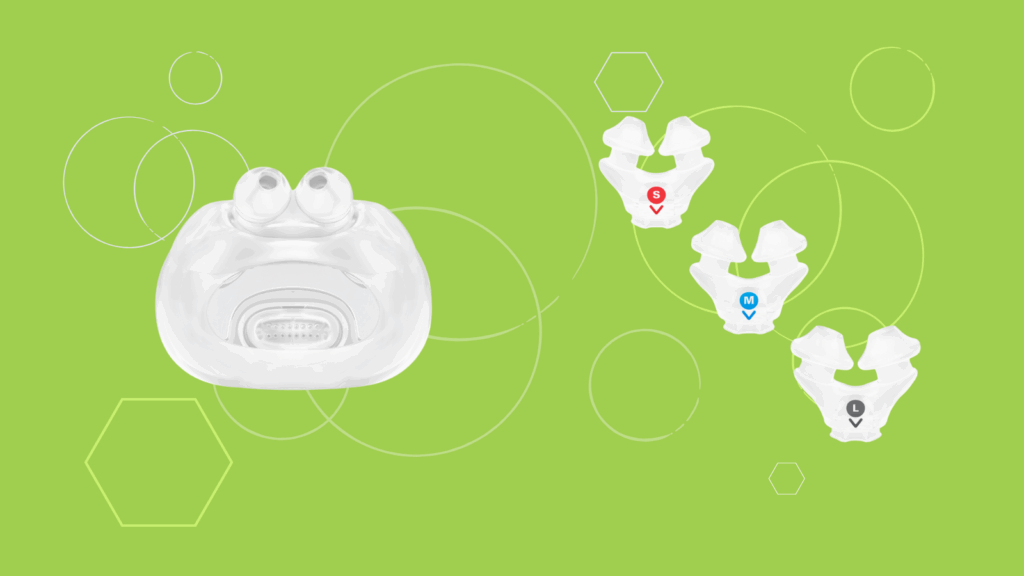 Clear nasal device with three size options (S, M, L) on a green background with circular designs, similar in style to the ResMed AirFit X30i Full Face CPAP Mask.