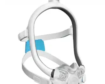 The ResMed AirTouch F30i Comfort Full Face CPAP Mask features head straps and blue padding, offering comfort and effective sleep apnea therapy.