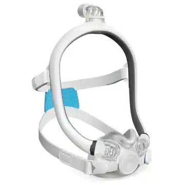 The ResMed AirTouch F30i Comfort Full Face CPAP Mask features head straps and blue padding, offering comfort and effective sleep apnea therapy.