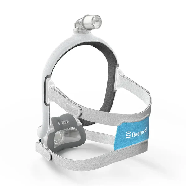 Experience comfort with the ResMed AirTouch F30i Comfort Full Face CPAP Mask, designed for effective sleep apnea therapy and featuring headgear straps with a gray and blue cushion.