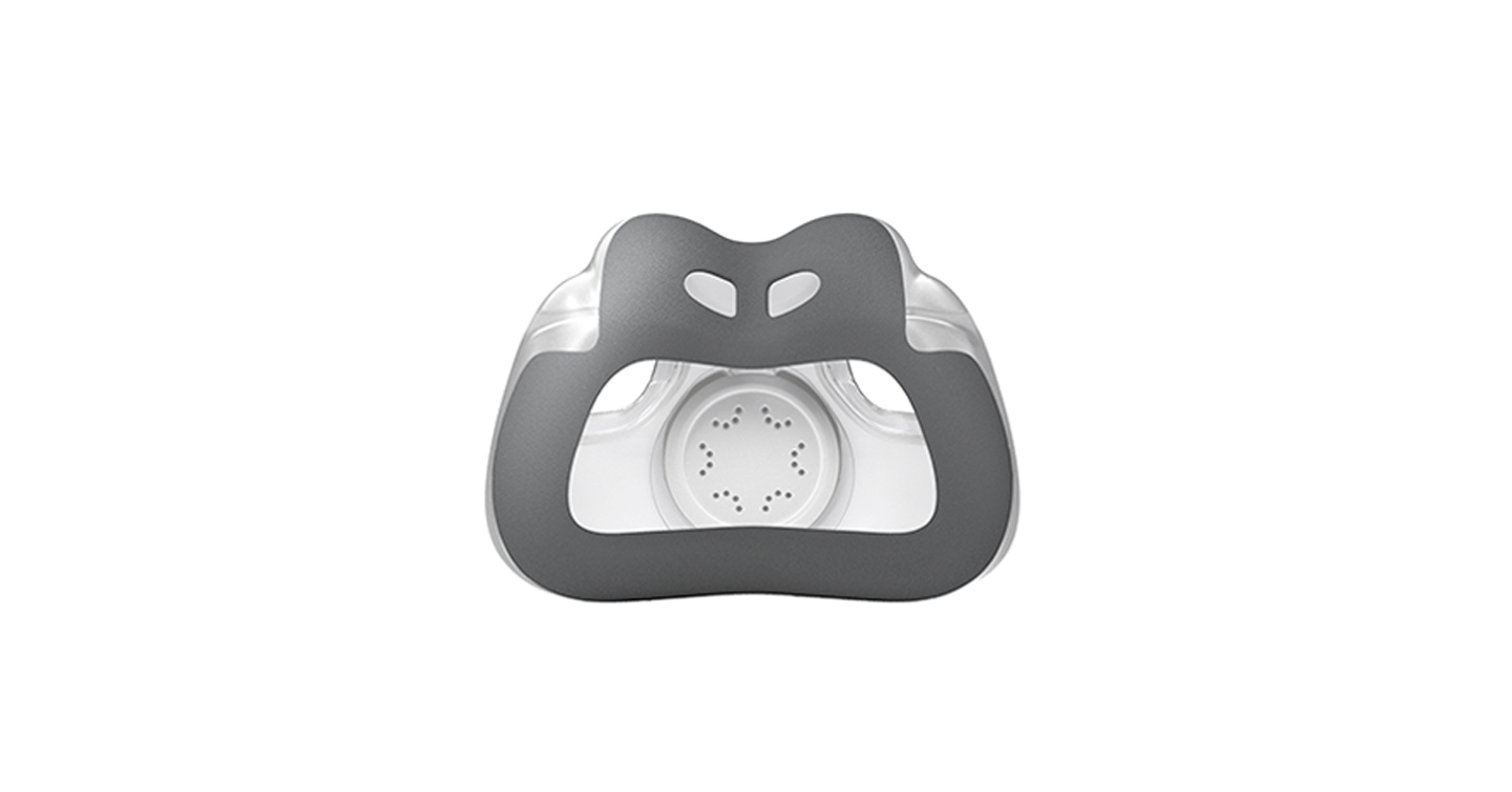 Gray and white silicone baby pacifier with ventilation holes, shown from the front on a white background—designed for comfort and breathability, similar to the ResMed AirTouch F30i Comfort Full Face CPAP Mask.