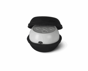 The Transcend Micro Hard Shell Travel Case holds a small, round Transcend Micro device with three top buttons, providing secure and compact protection.