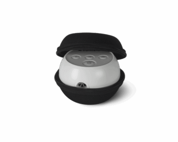 The Transcend Micro Hard Shell Travel Case holds a small, round Transcend Micro device with three top buttons, providing secure and compact protection.