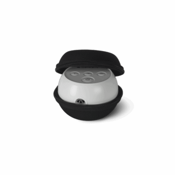 The Transcend Micro Hard Shell Travel Case holds a small, round Transcend Micro device with three top buttons, providing secure and compact protection.