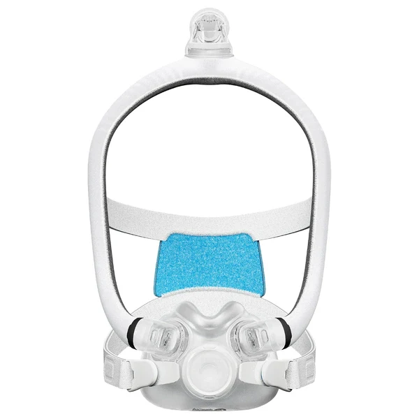 The ResMed AirTouch F30i Comfort Full Face CPAP Mask in white features headgear straps and a blue forehead pad for comfort, shown from the front.