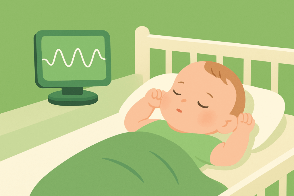 A baby sleeps in a bed beside a monitor displaying a wavy line on a green screen.