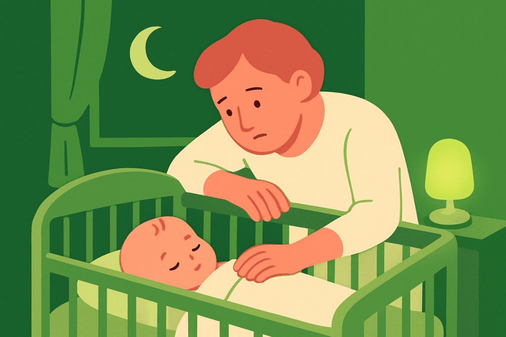 A parent looks worried while watching over a sleeping baby in a crib at night.