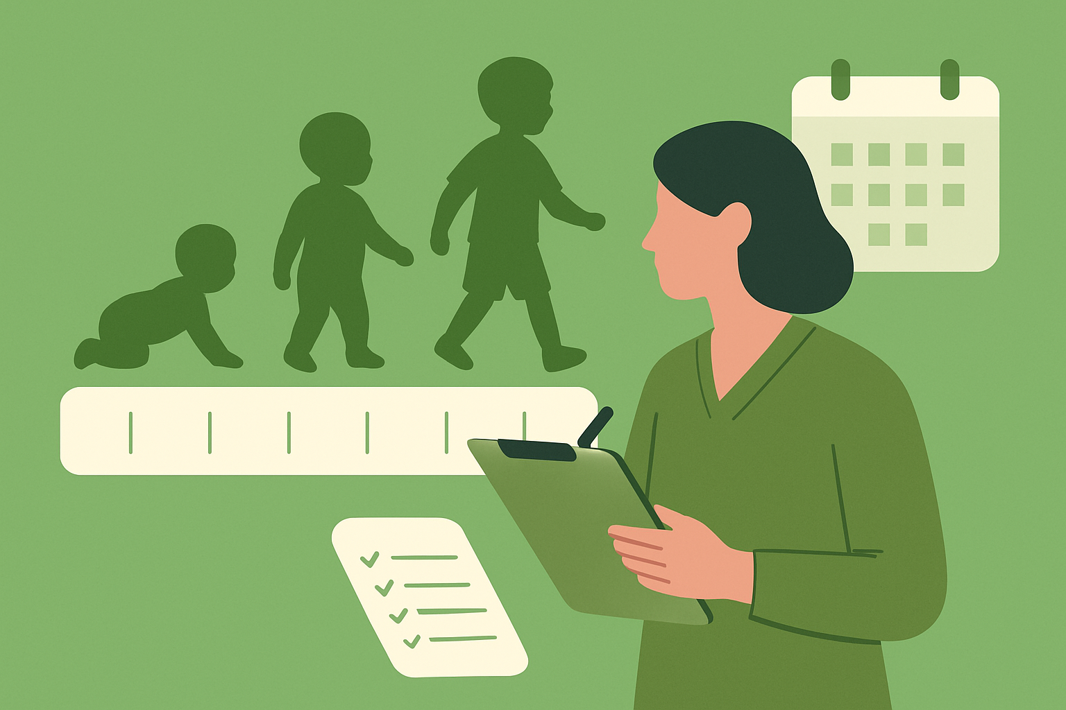 Illustration of a woman with a clipboard tracking child development stages and milestones on a green background.