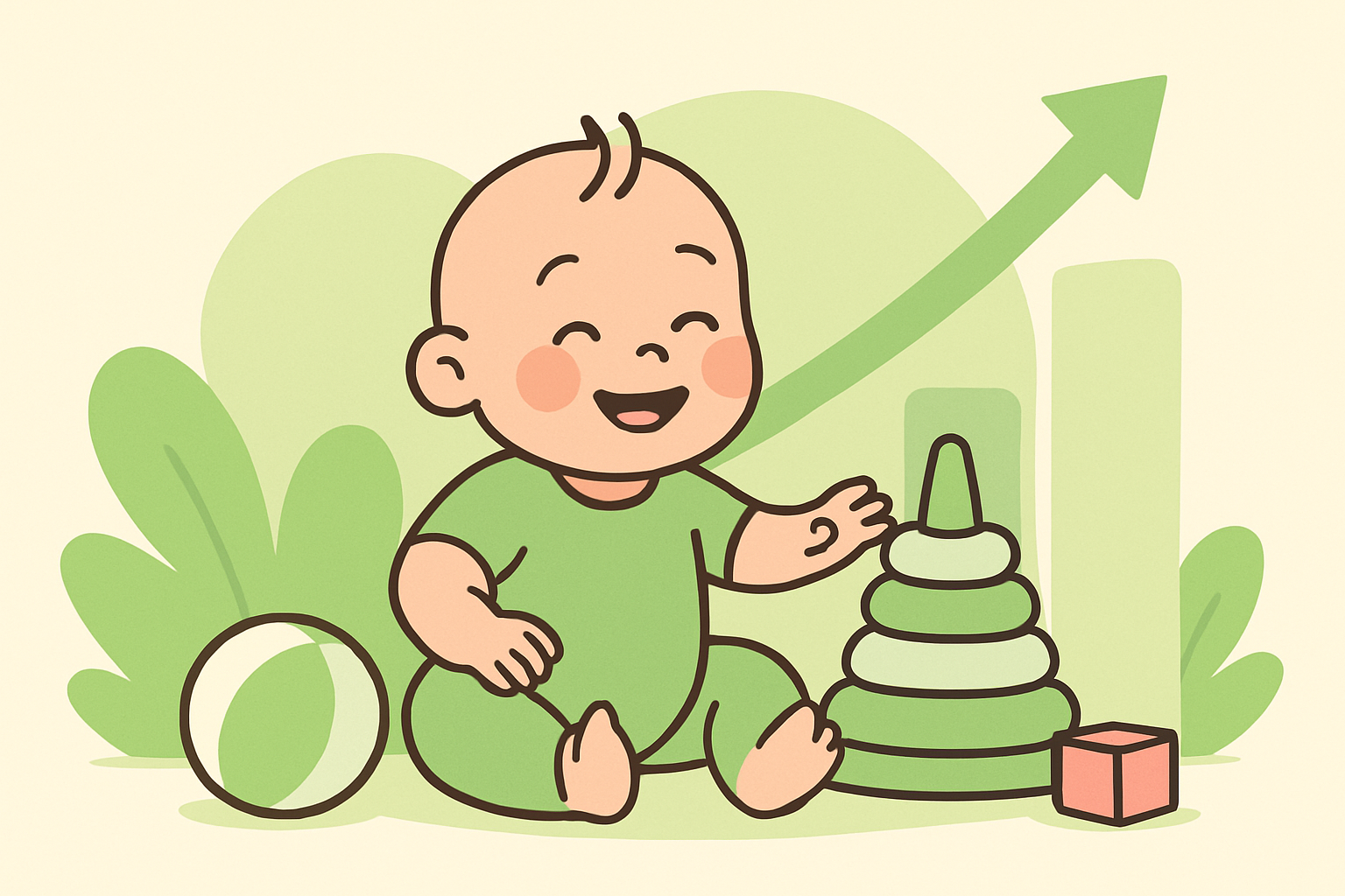 Smiling baby playing with stackable rings, ball, and block; upward arrow in background symbolizes growth.
