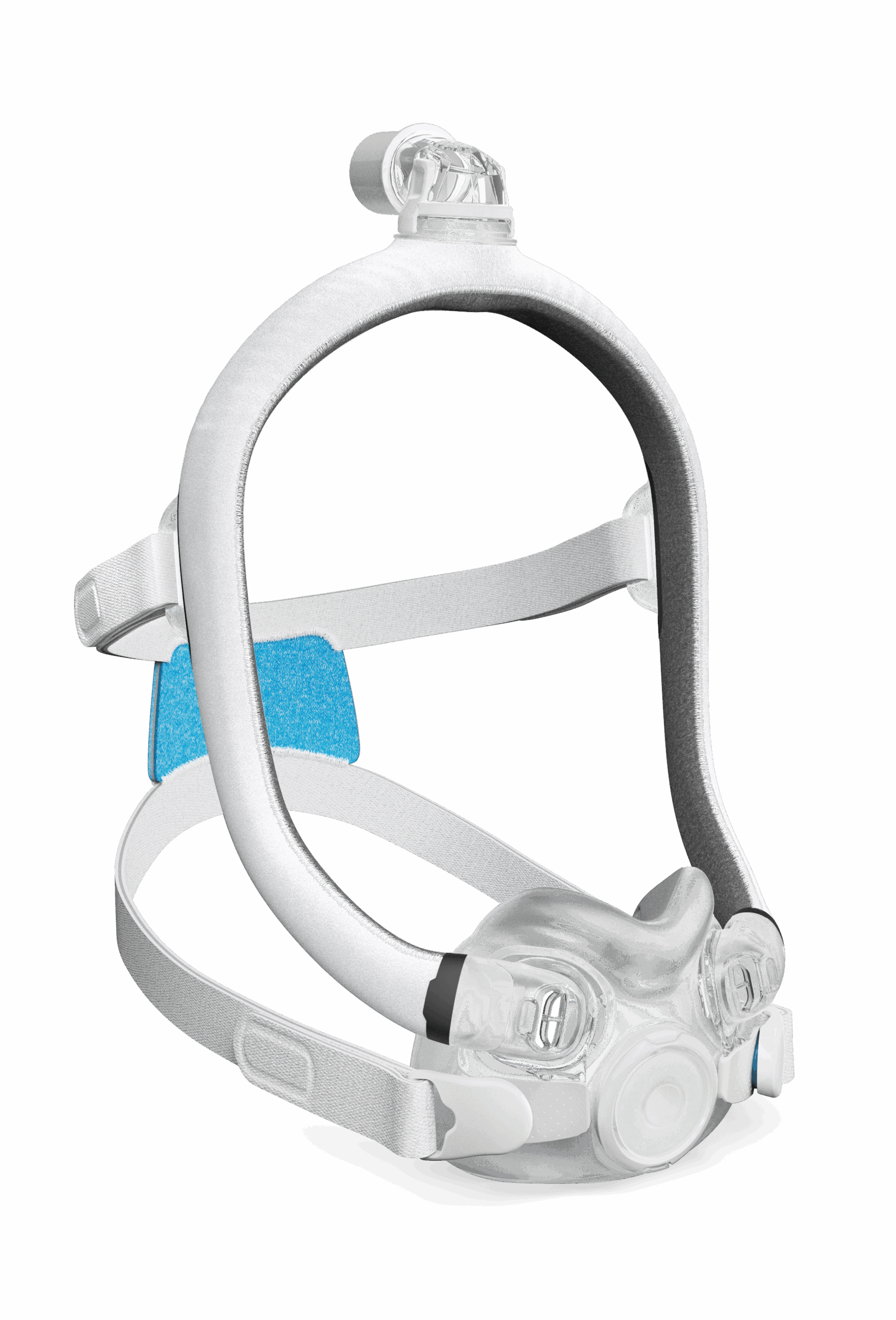 The ResMed AirTouch F30i Comfort Full Face CPAP Mask features a white and gray design, adjustable straps, and blue padded headgear for added comfort.