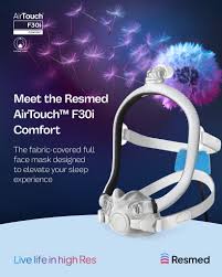 The ResMed AirTouch F30i Comfort Full Face CPAP Mask is shown on a blue and purple background with fireworks, emphasizing its comfortable design for restful nights.