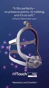 A ResMed AirTouch F30i Comfort Full Face CPAP Mask is shown on a purple background, with a quote above highlighting its exceptional comfort and softness.
