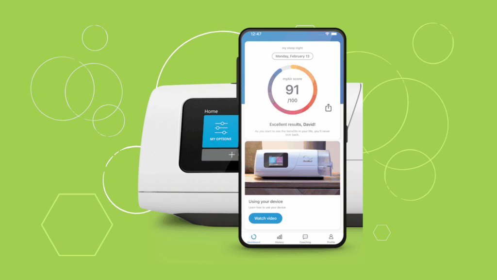 A smartphone displays sleep score results in front of a white ResMed AirCurve 11 device on a green background.
