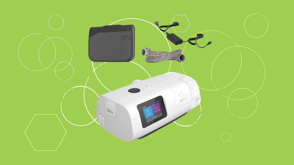 White ResMed AirCurve 11 VAuto BiPAP machine, black carrying case, hose, and power cord on a green background with circles.