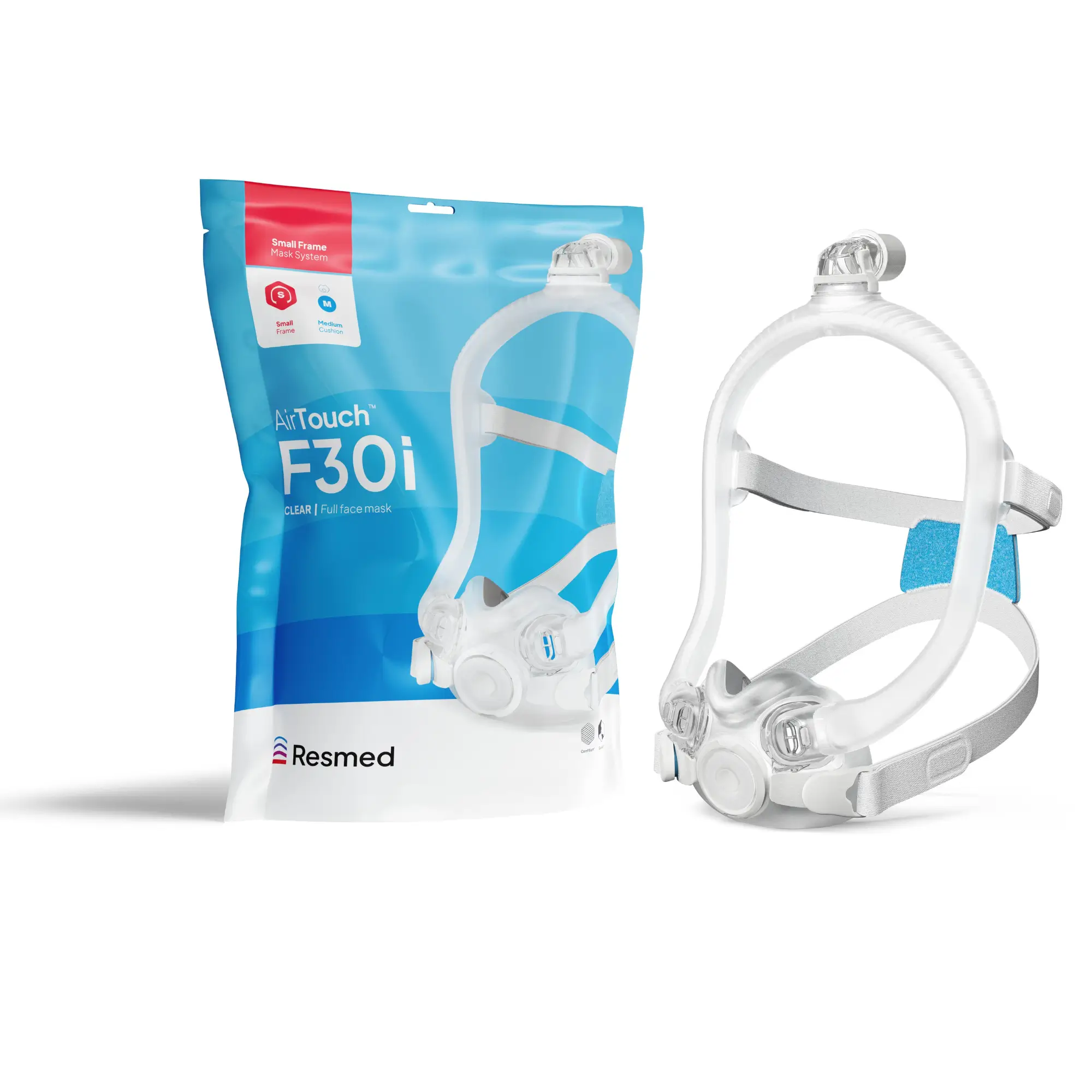 The ResMed AirTouch F30i Comfort Full Face CPAP Mask is shown next to its blue and white packaging, emphasizing its comfort and innovative design.