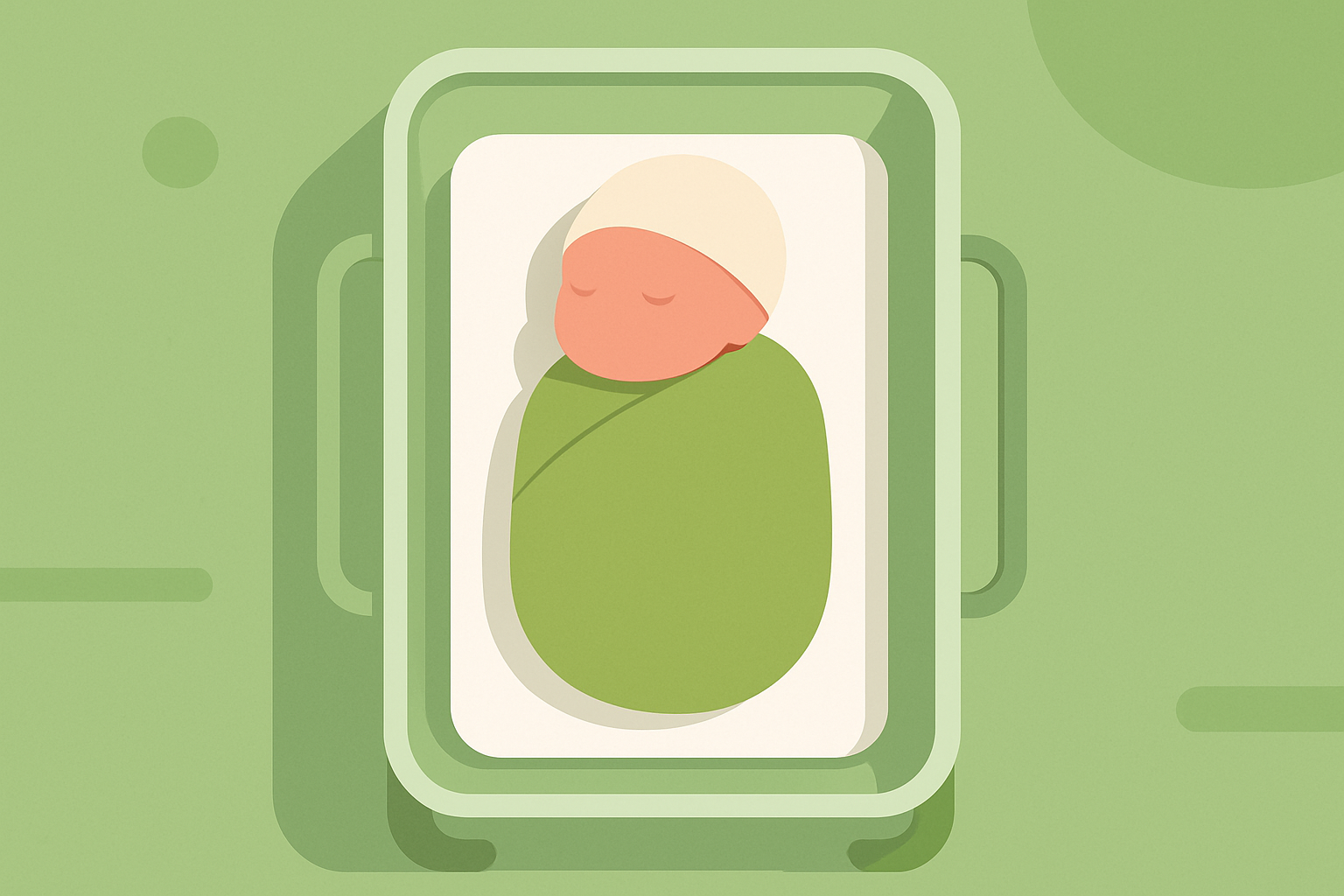 Illustration of a swaddled newborn baby sleeping in a hospital bassinet on a green background.