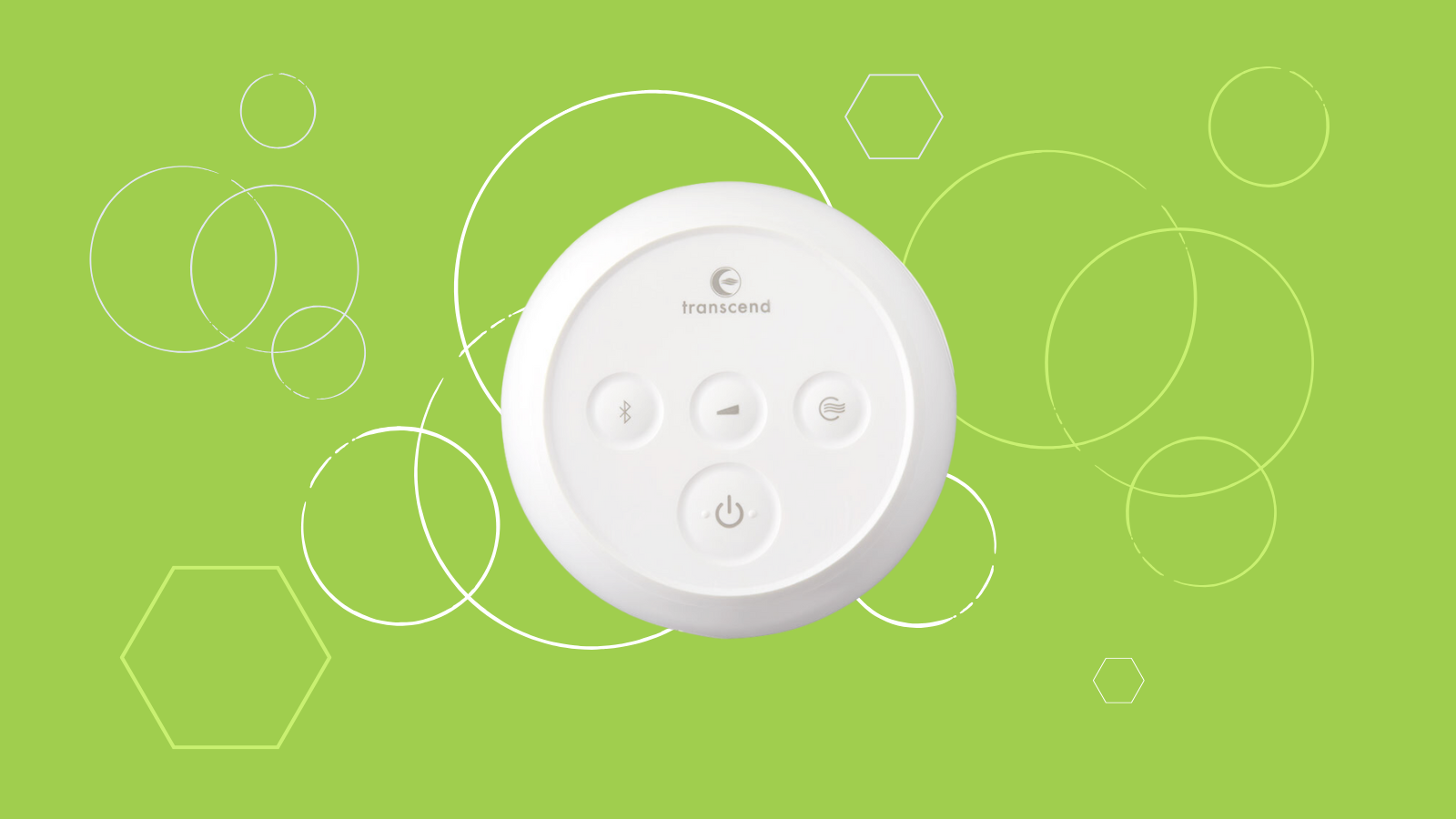 A white round remote with four buttons on a green background with circles and hexagons.