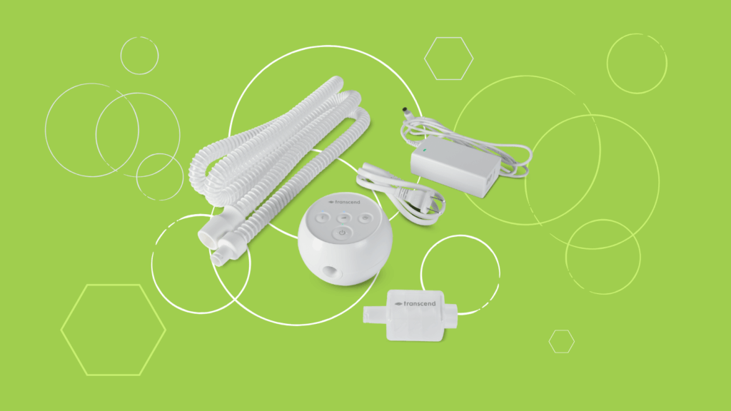 White medical device parts and cords arranged on a green background with circles and hexagon graphics.