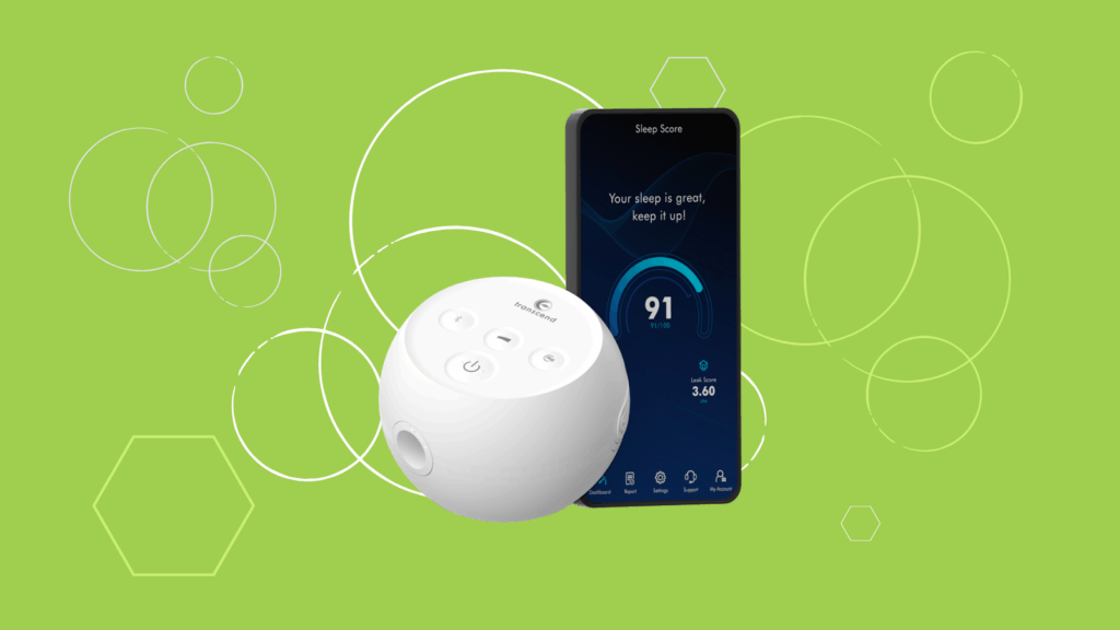 White round sleep tracking device and smartphone displaying a sleep score on a green background with shapes.