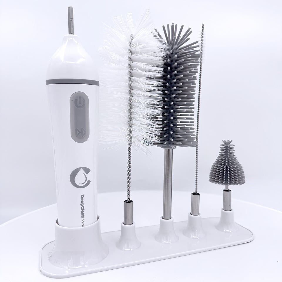 The CSpring DeepClean Wand MK2 features four interchangeable brush heads with a stand, all in white, elegantly displayed on a white surface.