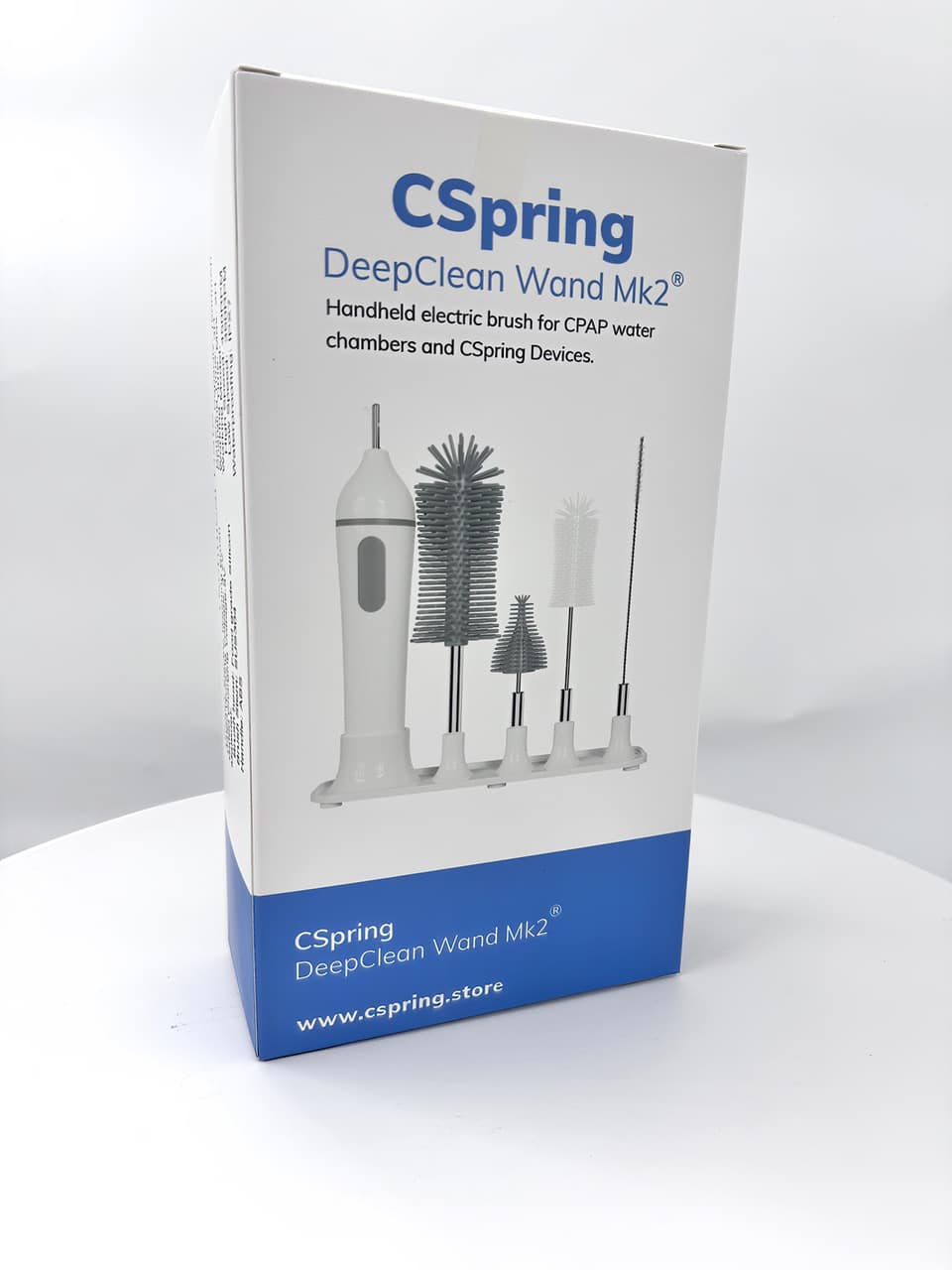 White box displaying five CSpring DeepClean Wand MK2 brushes, designed for cleaning CPAP water chambers.