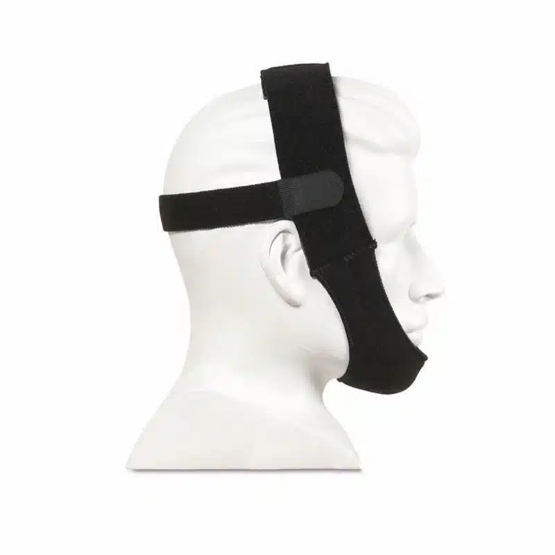 A mannequin head, shown in side profile view, is wearing the Respironics Premium Chin Strap for sleep apnea.