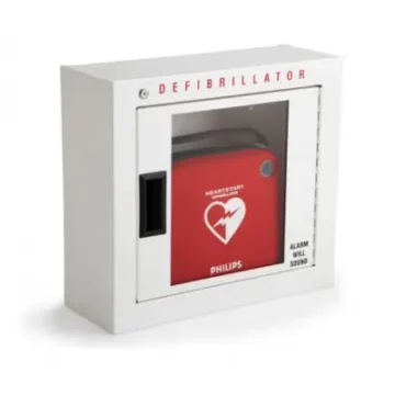 AED cabinet with defibrillator device inside